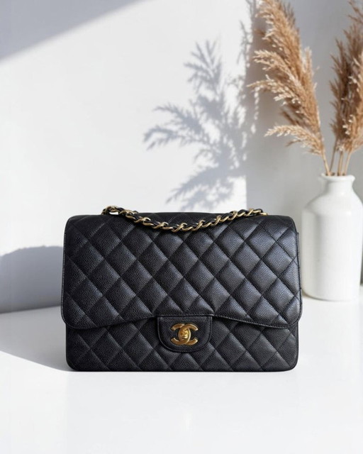 Chanel Classic Flap Jumbo - Caviar 30CM Single Flap Quilted Black 24K Gold Hardware Series 12