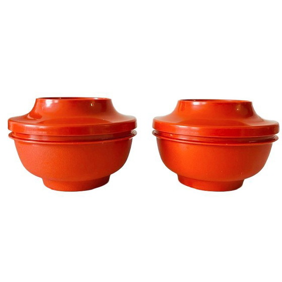 Image 1 of Vintage Tupperware set zes oogstkleur oranje roestbruine kommen opbergbakjes vershoudbakjes 1970's