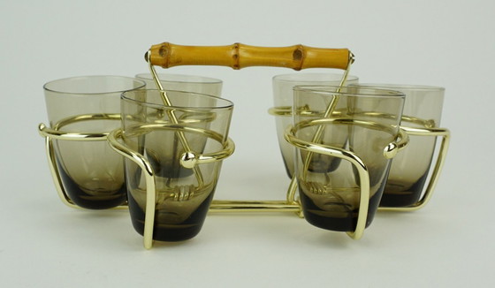 Image 1 of set of 6 mid century SHOT GLASSES in a brass holder with bamboo handle 1950s