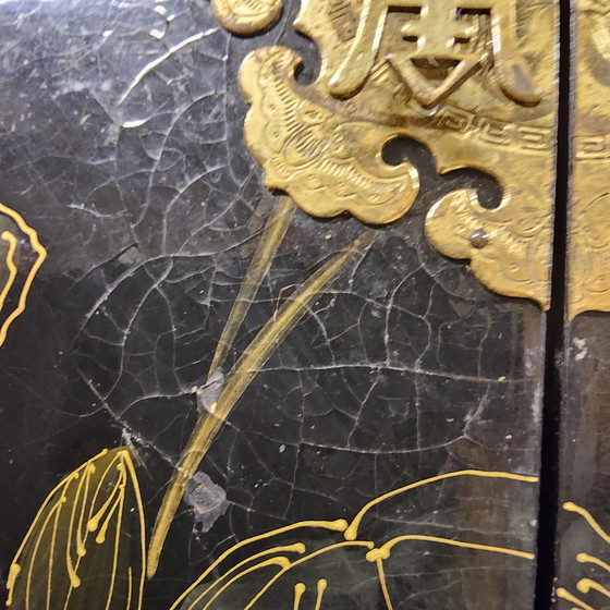 Image 1 of Vintage Chinese black lacquer cabinet birds and flowers bohemian / bohemian / oriental cabinet