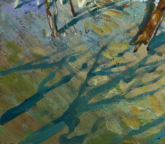 Image 1 of Origineel olieverfschilderij: Landschap bij een zomerhuisje in de schaduw van de bomen