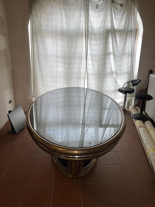 Exclusive Table à manger Vintage - Verre fumé & laiton, 1970s