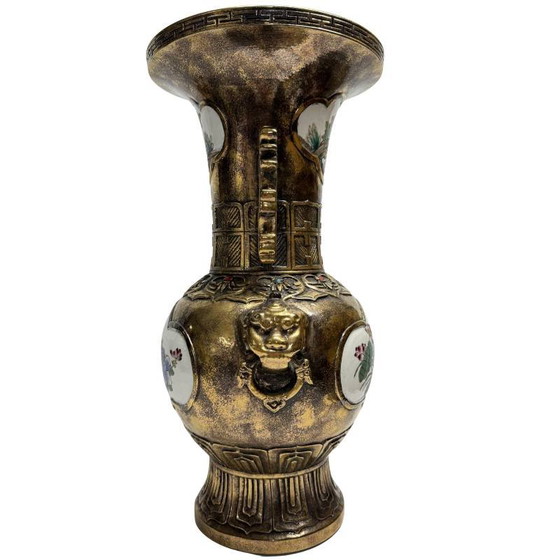 Ensemble de Vases Chinois – Métal avec Panneaux de Porcelaine – Lot 469 – Metal (photo 7 of 10)