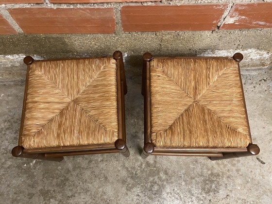 Image 1 of Paire Tabouret Ancien Bois + Assise Paille Tressée Vintage #D398