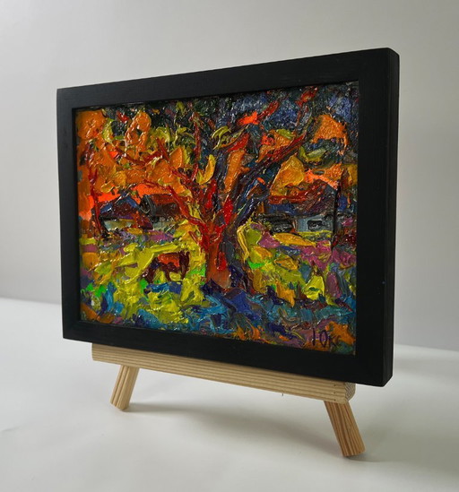 Original Oil Painting Autumn Village Landscape The Sun Is Setting
