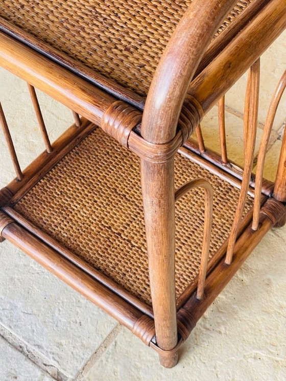 Image 1 of Mid-Century, Two-Tiered, Bamboo & Wicker Nightstand 1970s