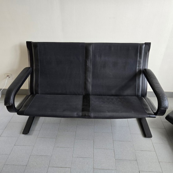 Image 1 of SOFA CANAPE SCANDINAVE 2 PLACES 1970 VINTAGE EN CUIR NOIR & BOIS COURBE 70S 1970