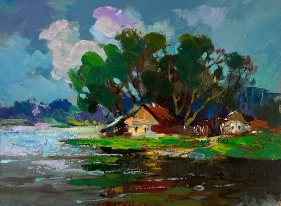 Image 1 of Original Oil Painting Summer Coastal Landscape The river flows past the village