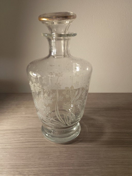 Crystal decanter attributed to Baccarat/Saint Louis, number 11, Art Nouveau gilt