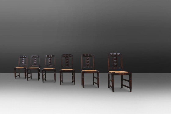 Image 1 of Vintage eetkamerstoelen in eiken en riet van Victor Coutray, set van 6