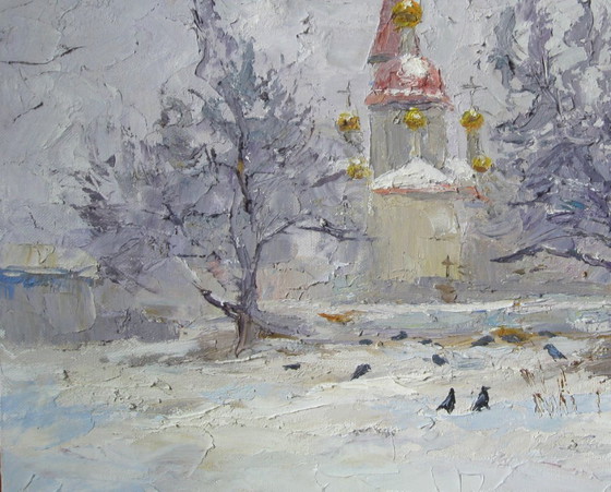 Dipinto a Olio Originale Paesaggio Invernale Tempio Ha Respirato Freddo – Dipinti e disegni, Canvas (photo 6 of 8)