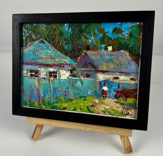 Image 1 of Peinture à l'huile originale, paysage rural, village, retour des champs