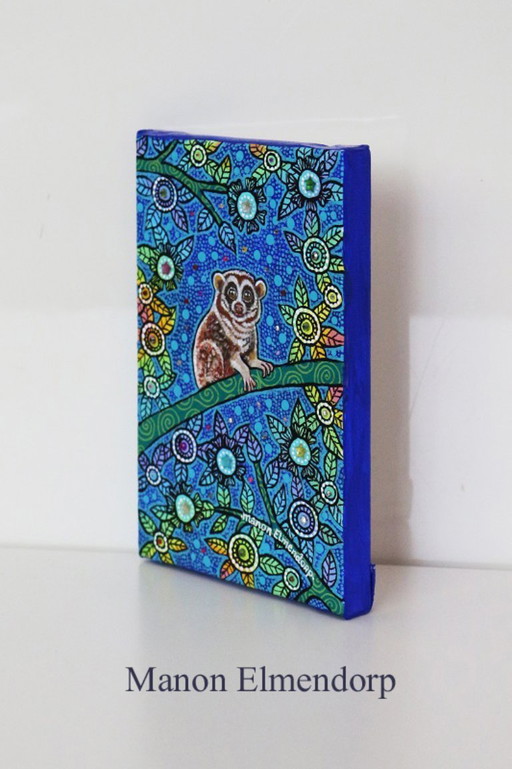 Piccolo dipinto raffigurante un animale notturno, dipinto a mano, nuovo, 15 x 10 cm