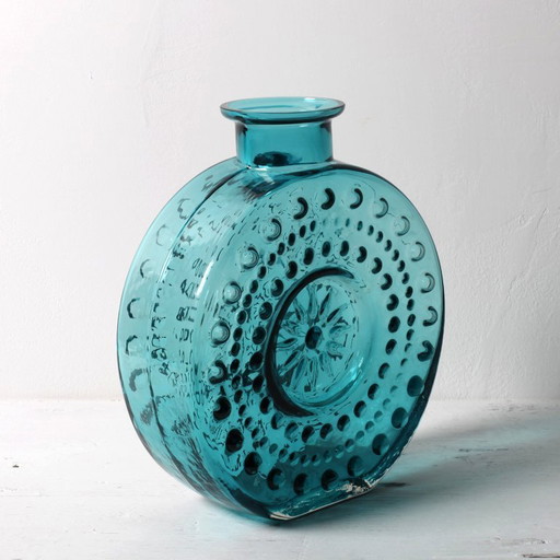 Large Vintage Teal Sunburst Blue Bubble Glass Vase / Erich Jachmann for WMF / 1960s