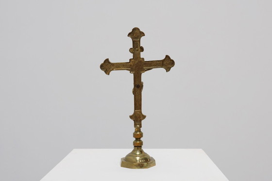 Image 1 of French Antique Catholic Alter or table Crucifix in cast copper, 1900s