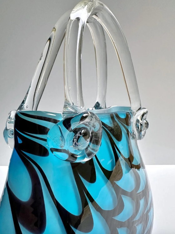 Image 1 of Vintage XXL Murano Glas Tasche Vase Swirl 80er 90er Venedig Italien Blau Türkis Schwarz Hand Münzbeutel Geldbörse Purse Opalina 