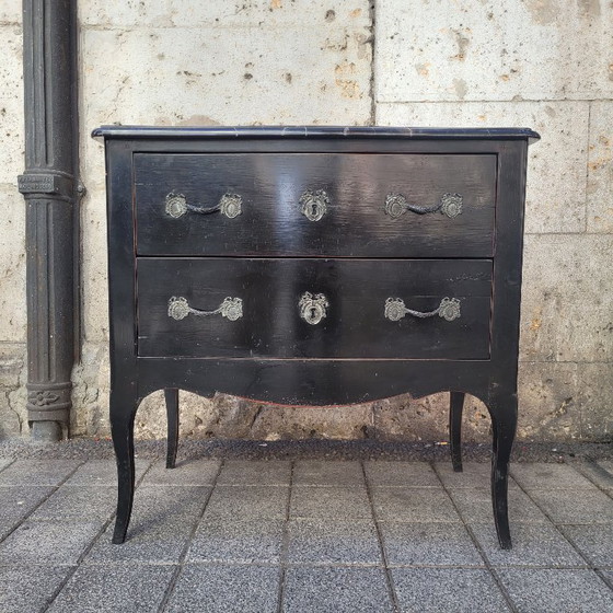 Image 1 of Black Louis XV style chest of drawers, ebonized wood and marble, Vintage, 20th century – France
