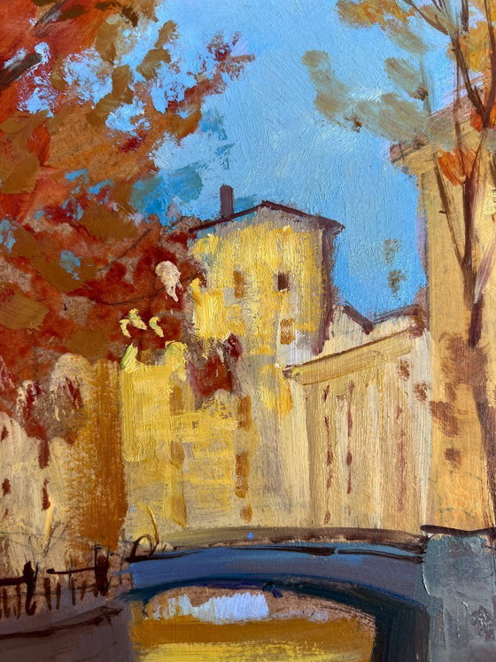 Image 1 of Pintura al óleo original Paisaje urbano otoñal Escalones en el puente de otoño