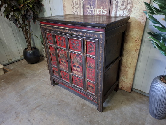 Image 1 of Antique hand-painted Napalese sideboard, chest of drawers, and wall table, dimensions 90x50cm and 94cm high.