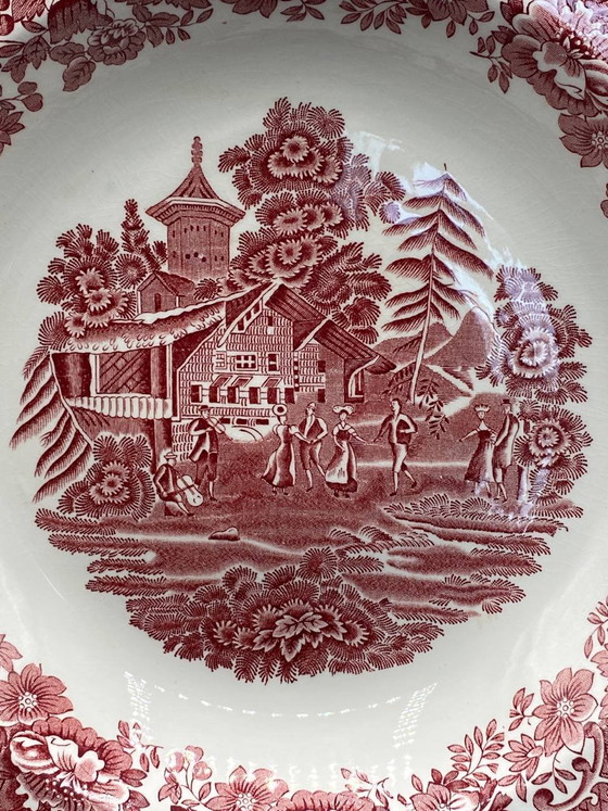 Large antique deep platter - Red Avon Cottage pattern - Enoch Wedgwood (Tunstall) - 1950s-1970s (photo 2 of 4)