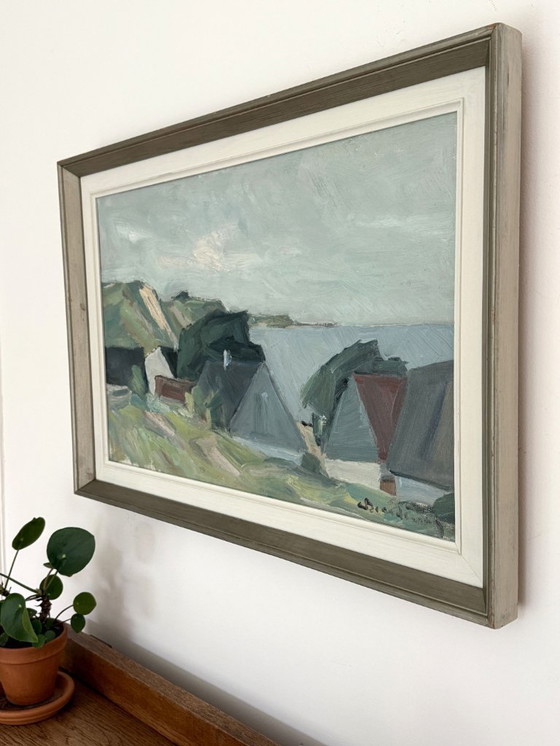 Image 1 of Peinture moderniste abstraite d'un paysage côtier « Côte avec maisons » de Carl Berntsson (1902-1982)