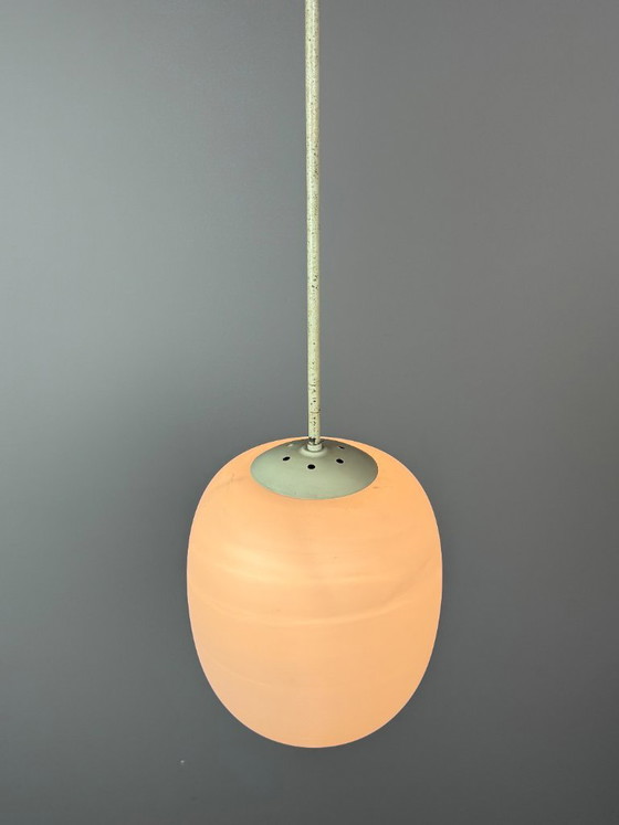 Tall Mid-Century Design Philips Industrial Pendant with Big White Oval Frosted Glass Ball, Netherlands, 1950s (photo 3 of 11)