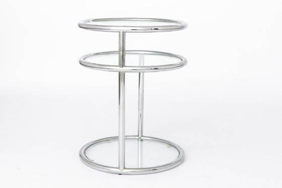 Image 1 of Vintage Chrome & Glass Side Table, Germany 1970s, Mid Century Modern Round End Table, Bauhaus Style Metal Coffee Table, Space Ag
