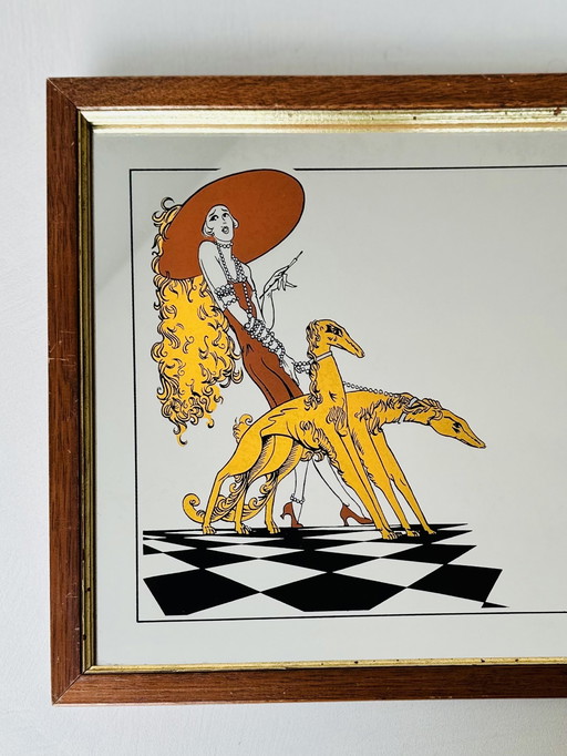 Französischer Vintage-Spiegel mit einer Illustration von Cannay – Art-Deco-Stil (1960er–1970er Jahre)