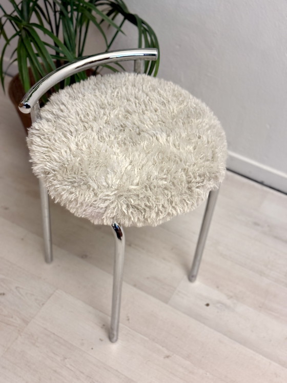 Image 1 of Vintage tubular frame stool with fluffy upholstery