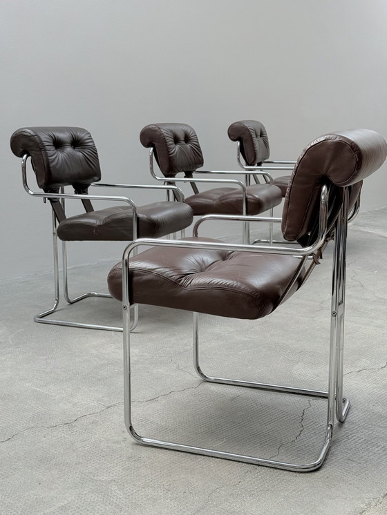 Image 1 of Set of 4 Guido Faleschini for i4Mariani 'Tucroma' chairs leather brown chrome, Italy 1970s