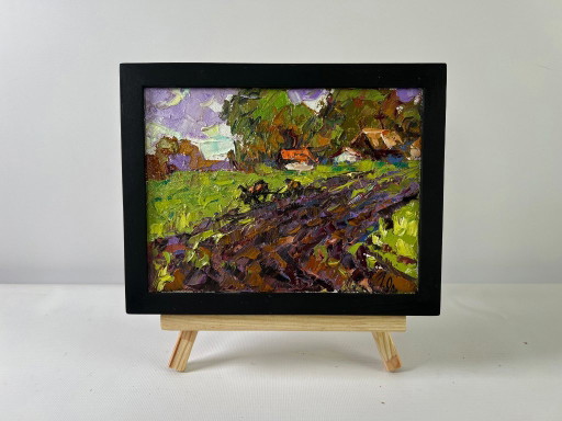Original Oil Painting Summer Road Landscape Morning in the village