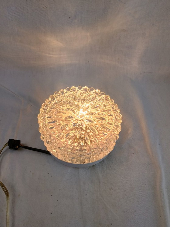 Image 1 of Vintage Glashütte Limburg 1960s Pressed Glass Ceiling Light - Textured Clear Glass Flush Mount Wall Sconce German Mid-Century