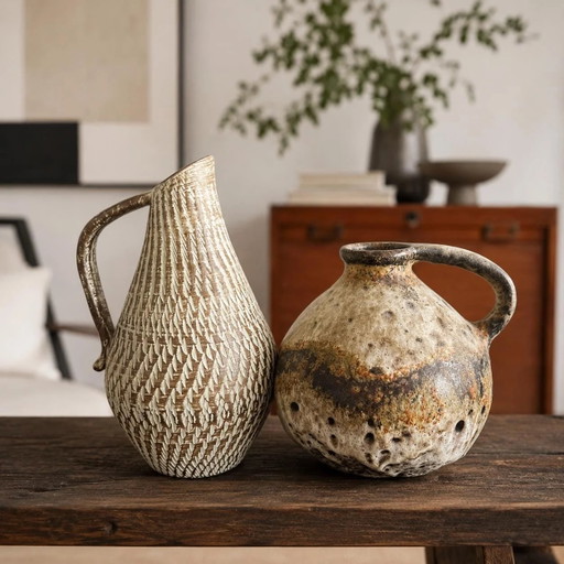 Vintage Ceramic Vases Set from West Germany | B&M Höhr Jug and Fat Lava Vase Bay Studio Pottery | Mid Century Modern | Wabi Sabi