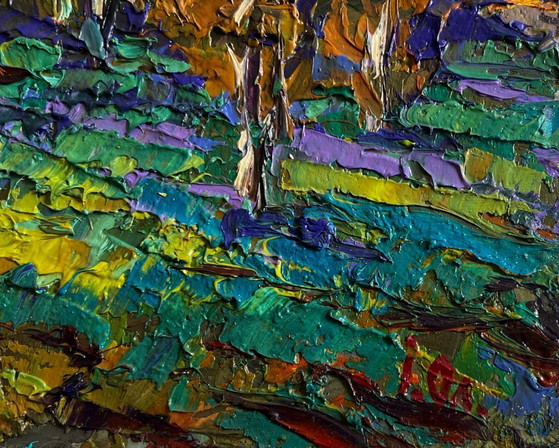 Image 1 of Original Oil Painting Sunset Forest Landscape Evening autumn wind