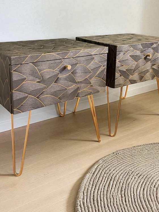 Image 1 of Vintage bedside tables covered with elegant embossed leaves | The Vintage Vibe