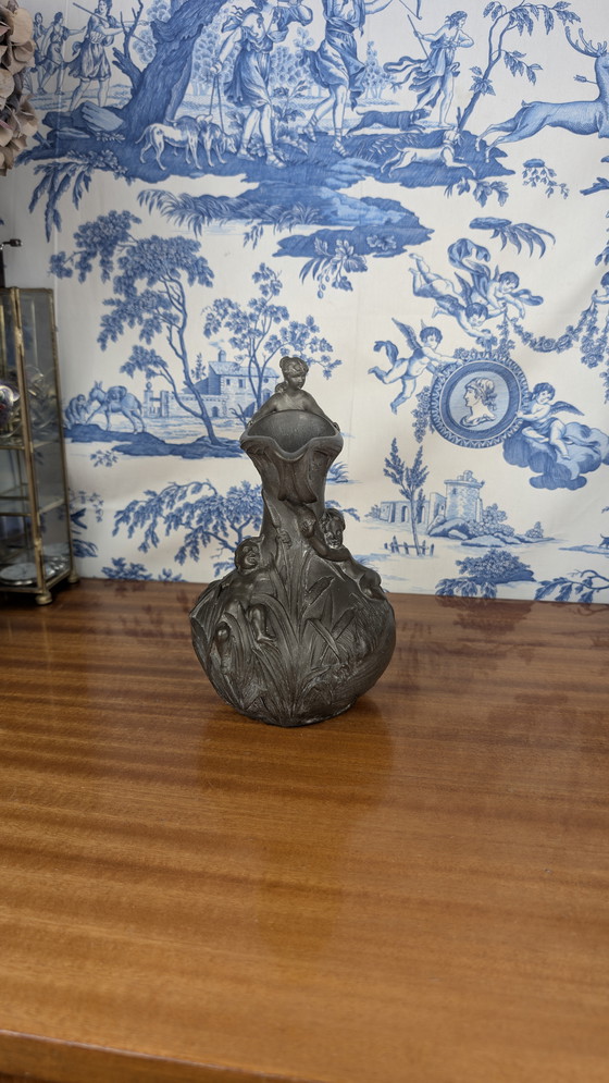 Image 1 of Art Nouveau pewter pitcher with woman and putti design signed Henri Huppé late 19th century
