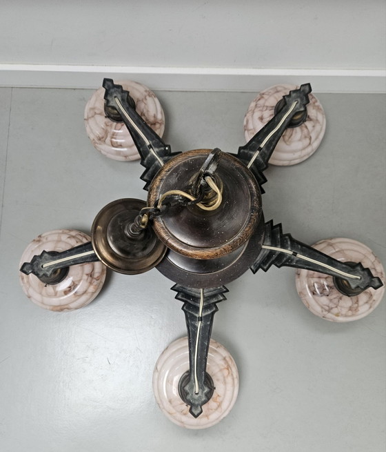 Art Deco Chandelier Hagenauer style 1920s/30s, Pendant lamps, Bronze, Glass, Pink (photo 3 of 13)