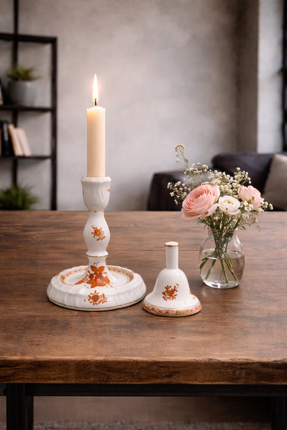 Image 1 of Herend Apponyi Orange Candlestick & Bell Set – Hand Painted Hungarian Porcelain – Collectible Vintage