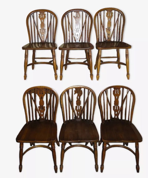 Set of 6 Solid Oak Lyre-Back Windsor Chairs, 1960s