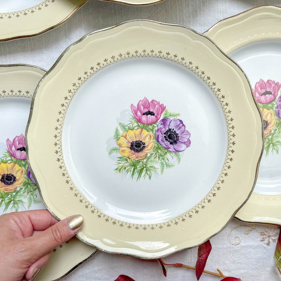 Vintage Porseleinen Dinerborden met Wit, Geel & Gouden Bloemenpatroon, L'Amandinoise "Coopélia" - Vintage (photo 10 of 16)