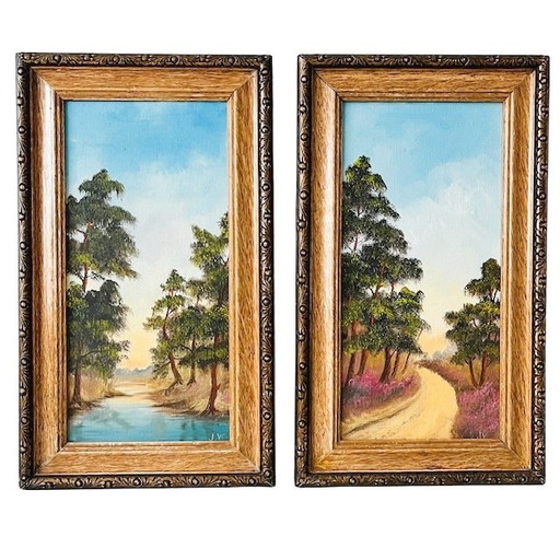 Serie di dipinti ad olio vintage raffiguranti alberi e paesaggi forestali