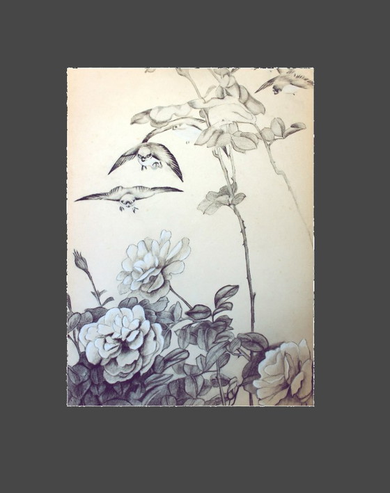 Image 1 of Vintage Japanese-inspired drawing. Vintage drawing. Drawing of flowers and birds. Japanese drawing. Antique drawing.