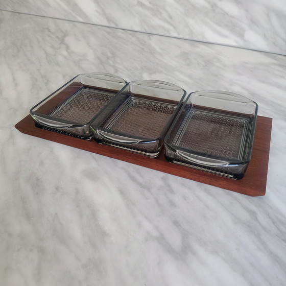 Image 1 of Danish Design Teak Lightly stained glass Aperitif tray