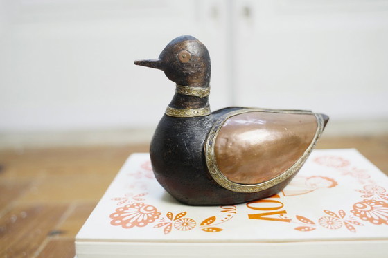 Image 1 of Hand-Carved Wood Duck Figurine with Brass Copper Inlay, Nepalese Tibetan Folk Art