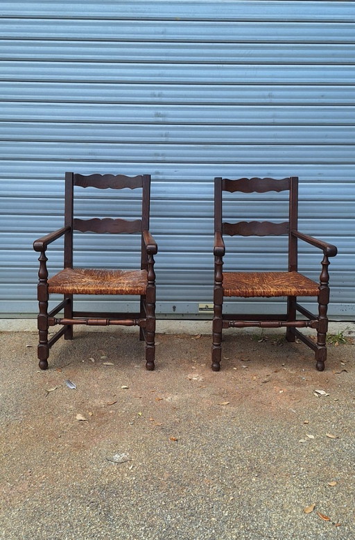 Coppia di poltrone rustiche in legno e paglia