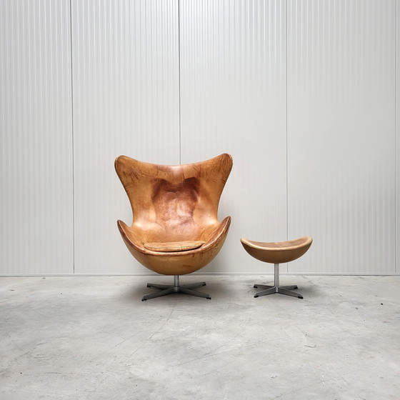 Image 1 of Vintage Cognac Egg Chair & Ottoman By Fritz Hansen 1970S