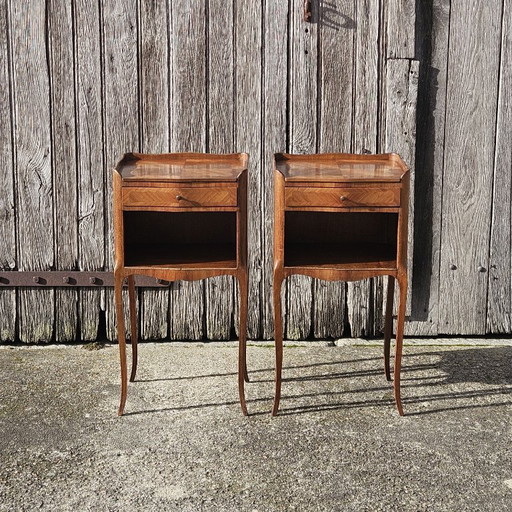 Coppia di comodini intarsiati francesi - 2 comodini in noce - Stile Luigi XV - anni '40