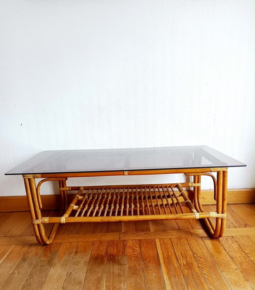 Vintage rotan salontafel uit de jaren 60 – Rattan, Glass