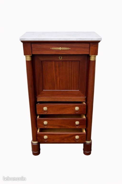 Empire-style secretary desk with white marble top, mahogany and brass finish, 6 drawers