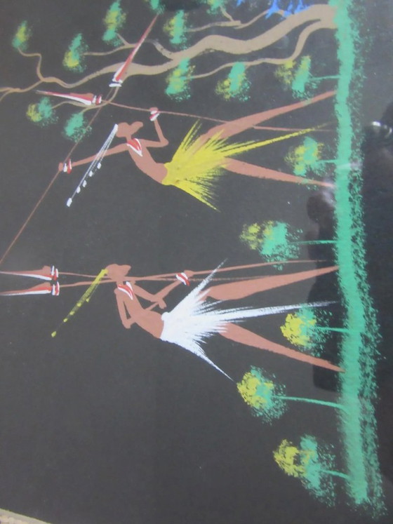 African Wood & Rattan Framed Picture Signed D. Akiana, Vintage – Paintings & Drawings, Glass (photo 7 of 9)